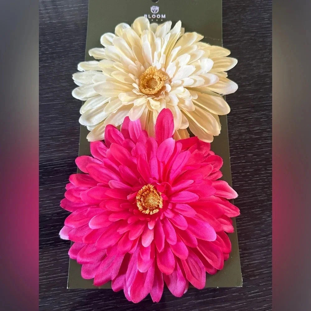 Hair / bag / dress clip big fabric flower .  New. Lemon yellow and bright pink